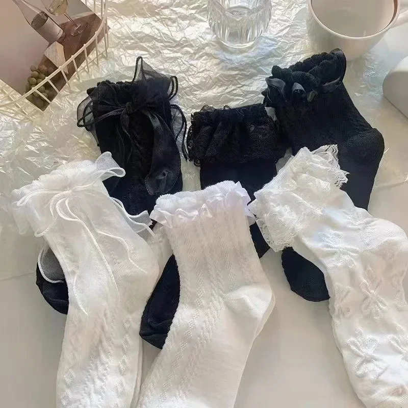 Solid Lace Bow Ruffle Socks Kawaii Lolita Short Socks