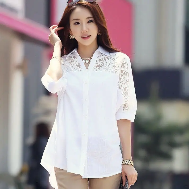 Fashion Lapel Asymmetrical Lace Hollow Out Shirts Women's Clothing 2024 Summer New Loose Commuter Tops Irregular Blouses