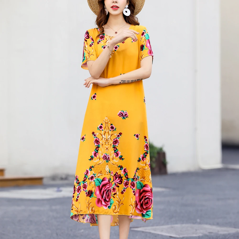 New Fashion 2025 Summer Dress For Long Vintage Loose Women Elegant Short Sleeve Casual O-neck Dresses Print Woman Clothing - Image 2