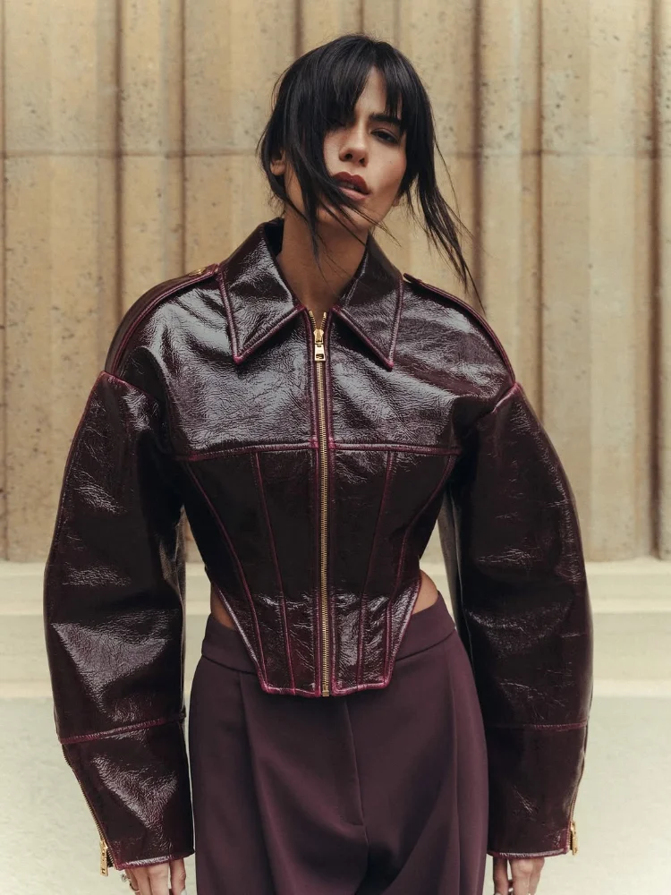 Women's Cropped Faux Leather Jacket Coat Vintage Balloon Sleeve Biker Style PU Outerwear Chic High Street 2026 Spring New Outfit