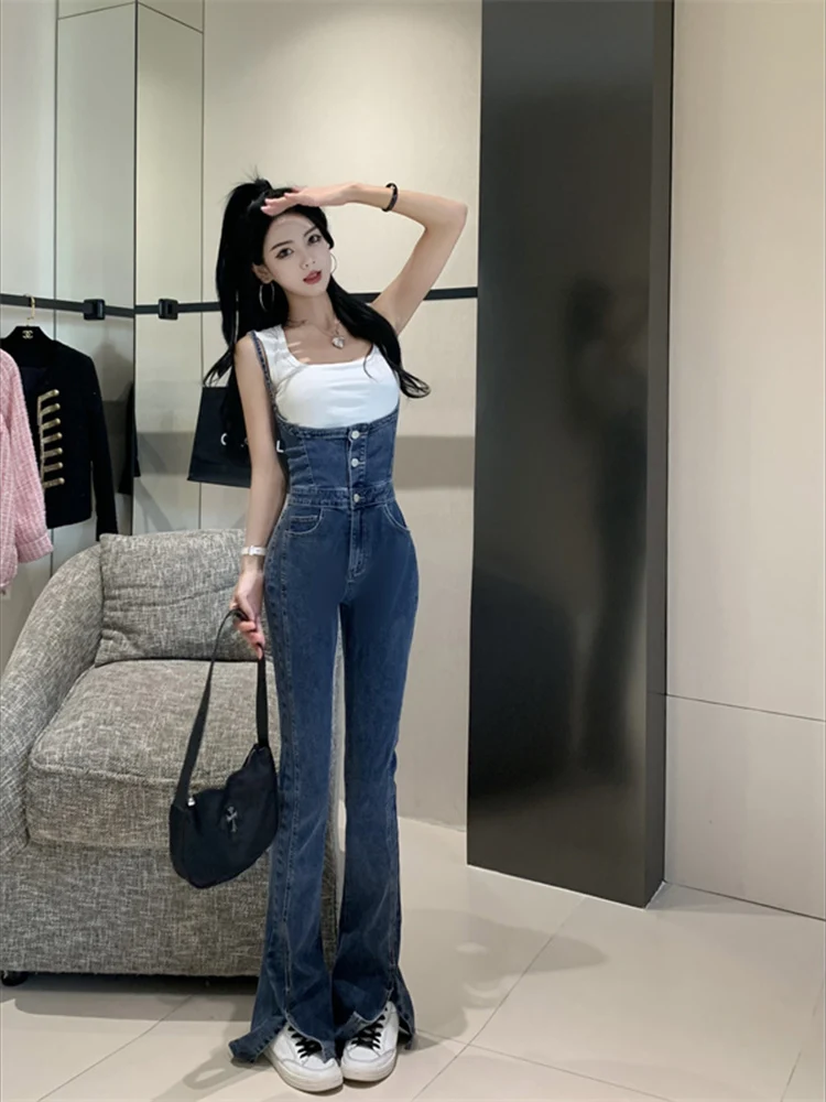 Slim Wide-Leg Flare Jeans Spaghetti Straps Single-breasted Denim Jumpsuit Fashionable High Street Autumn Women\'s Trousers
