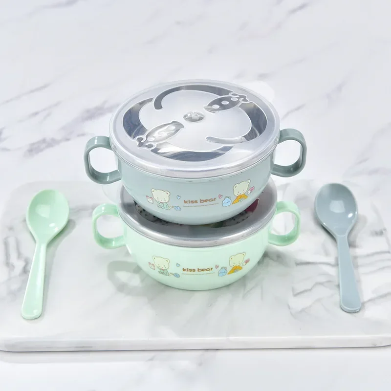 Baby Feeding Bowl Stainless Steel Insulation Bowl Spoon Set Children Tableware Cartoon Printed Children Food BPA Free 300ml baby tableware set