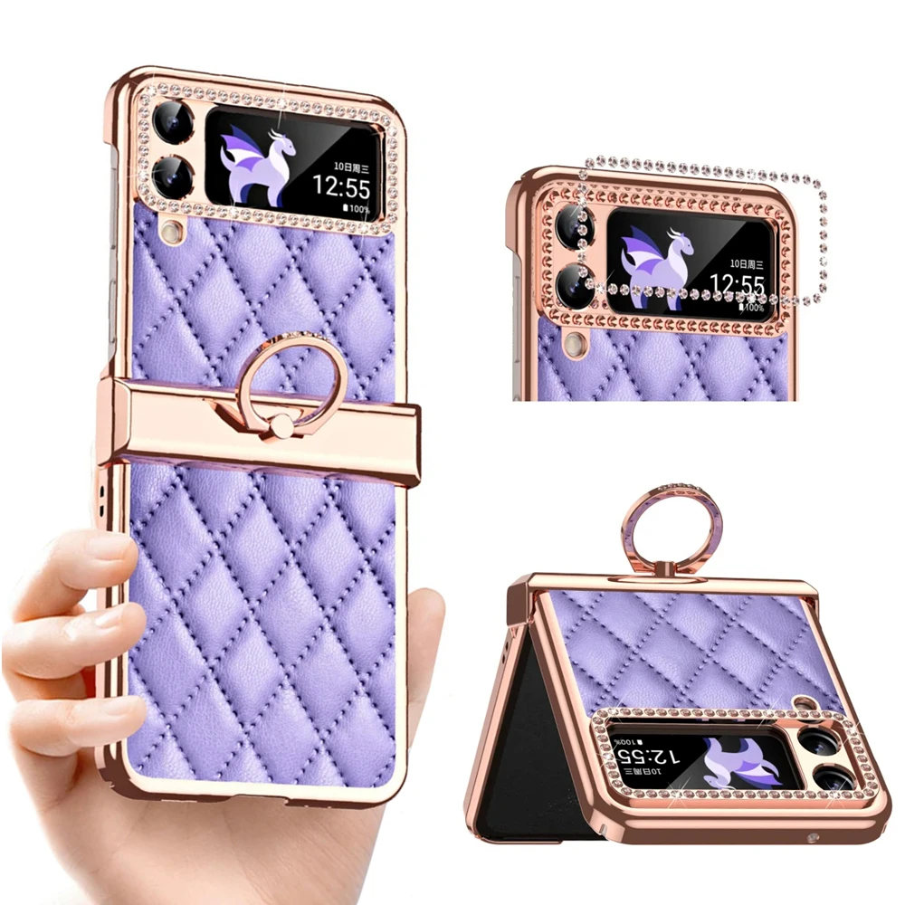 Luxury Diamond Folding Leather Cases For Samsung Galaxy Flip4 Fragrance Finger Ring Plaid Protective Cover For Samsung Z Flip 4