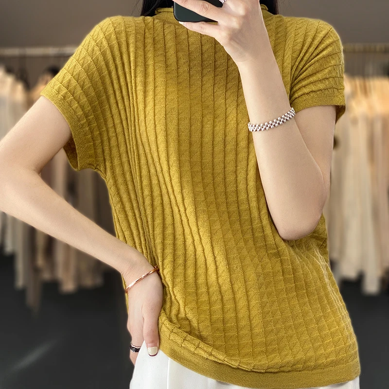 

Worsted Wool Women's Half-Height Round-neck Half-sleeve Knitted T-shirt Bottom Shirt Loose Spring and Summer New Top Versatile