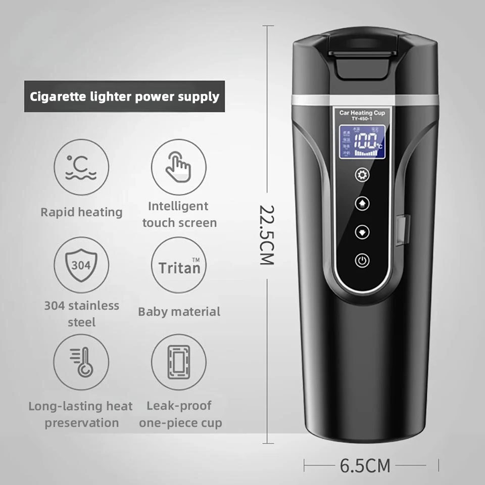 450ml Car Travel Electric Kettle 12V/24V Multi-Temp Adjustment Thermos Cup Large Display Car Heating Cup for Brewing Coffee Tea Electric Kettle Car Heater Mug Beverage Cup