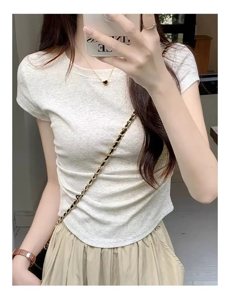 Women's Basic Solid Crop Top Short Sleeve Crewneck Skinny T-shirt Summer Casual Y2K Vintage Harajuku Streetwear