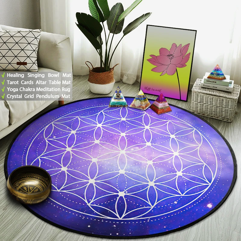 

Psychedelic Starry Night Galaxy Carpet Flower of Life Energy Yoga Meditation Mat Round Rug Anti-Slip Doormat Trippy Home Decor