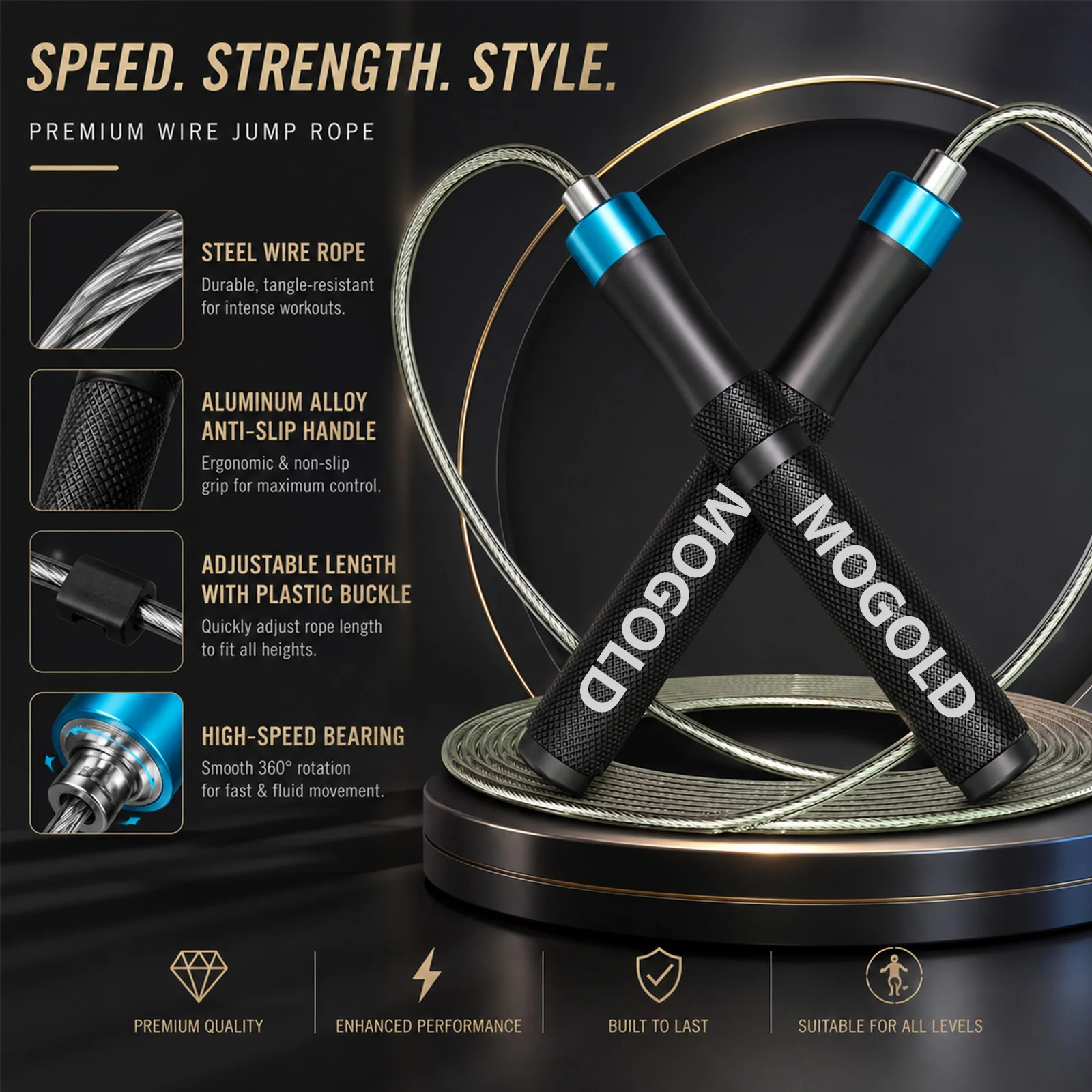 MOGOLD Professional Speed Jump Rope with Metal Handles, High-speed Bearings & Zero Jamming, 3.0mm Racing Cable