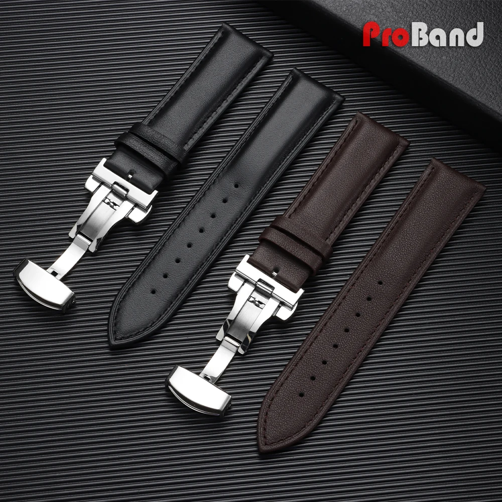 Elegant Leather Watch Band with Gold Butterfly Buckle - Soft Black & Brown Wristbelt