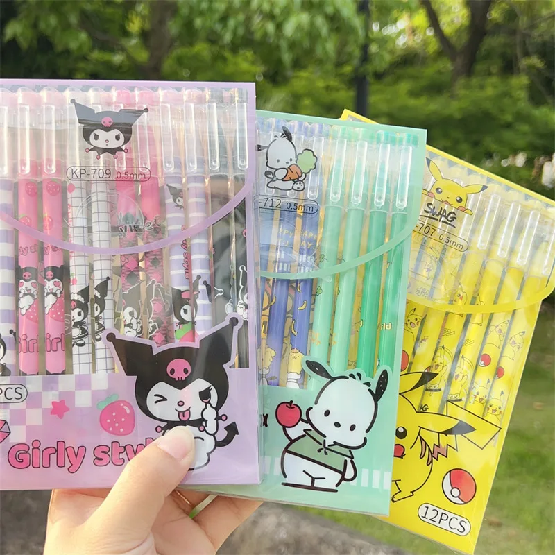 

Sanrio 12pcs Cartoon Hello Kitty Kuromi Pochacco Gel Pen Kawaii Student Stationery Pen 0.5mm Black School Office Pen Wholesale