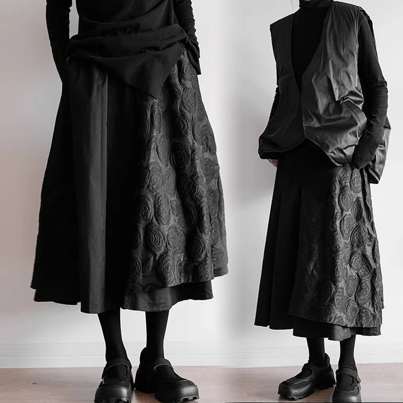 plus Size Women's Midi Skirt Autumn Winter Loose Splice Design High Waist A-Line Skirt Vintage Sle Floral Pattern