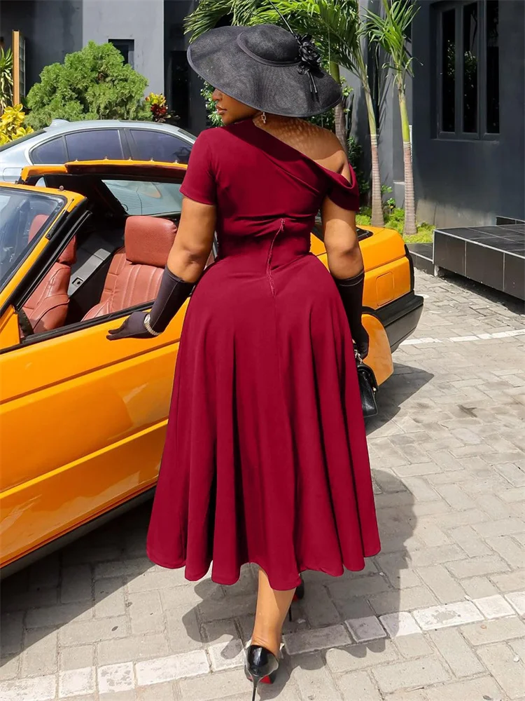 Wmstar Plus Size Dress Women Wholesale Short Sleeve Hollow Out Solid Color Cinched Waist Dress with A Slanted Collar Cutouts