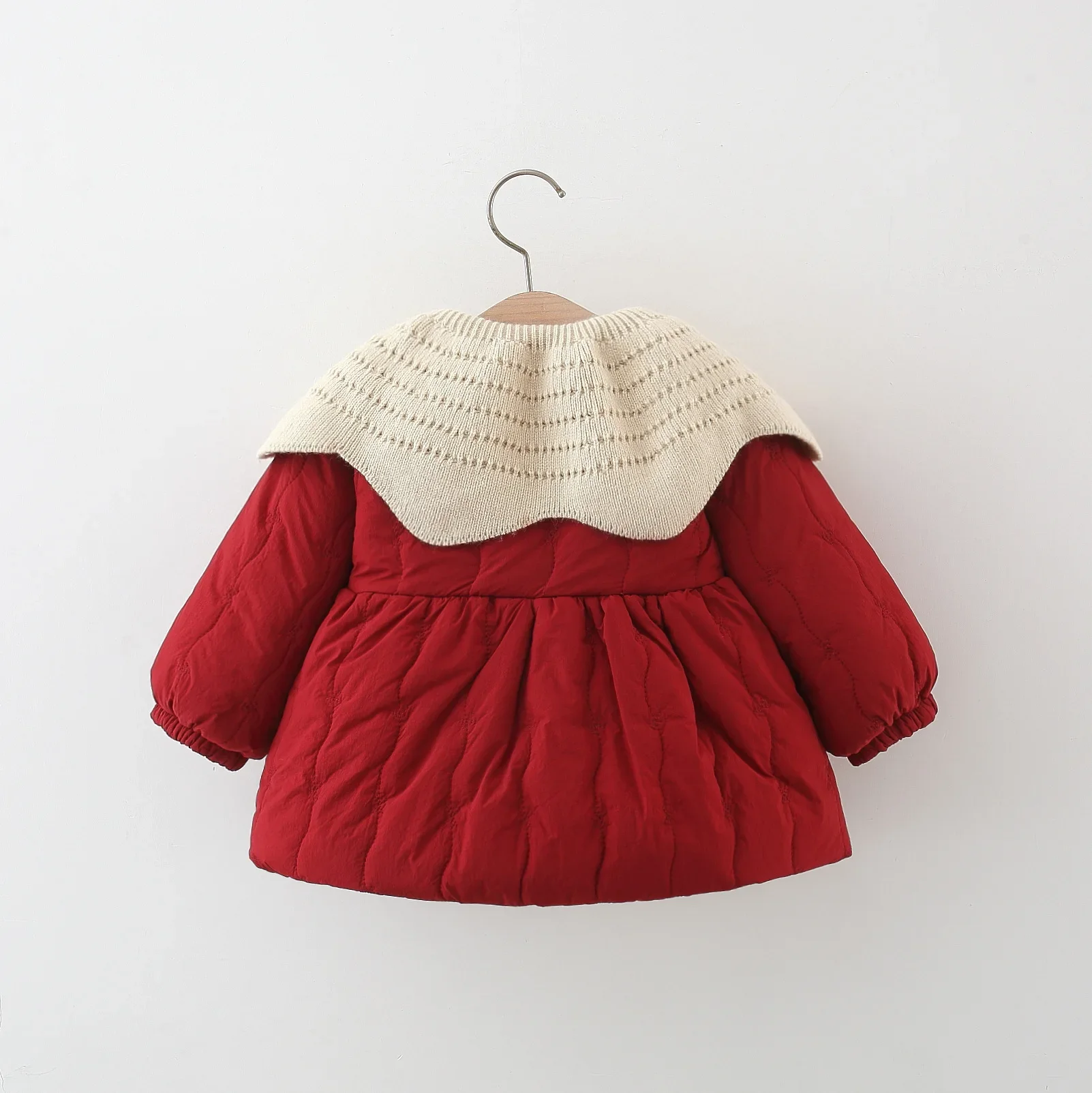 (0-3) Baby Girl Coat Winter Button Double Bow Decoration Big Neck Long Sleeve Cotton Coat Thick Velvet