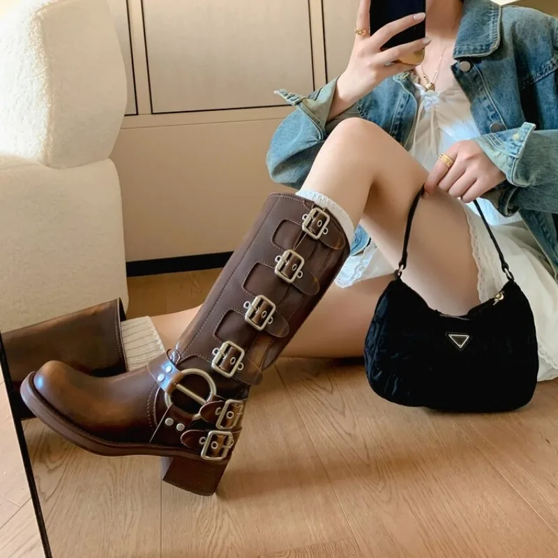 

New Platform Combat Boots Zip Chuny Heel Buckle Vintage Fashion Casual Luxury Designer Western Mid Calf Boots Shoes Woman