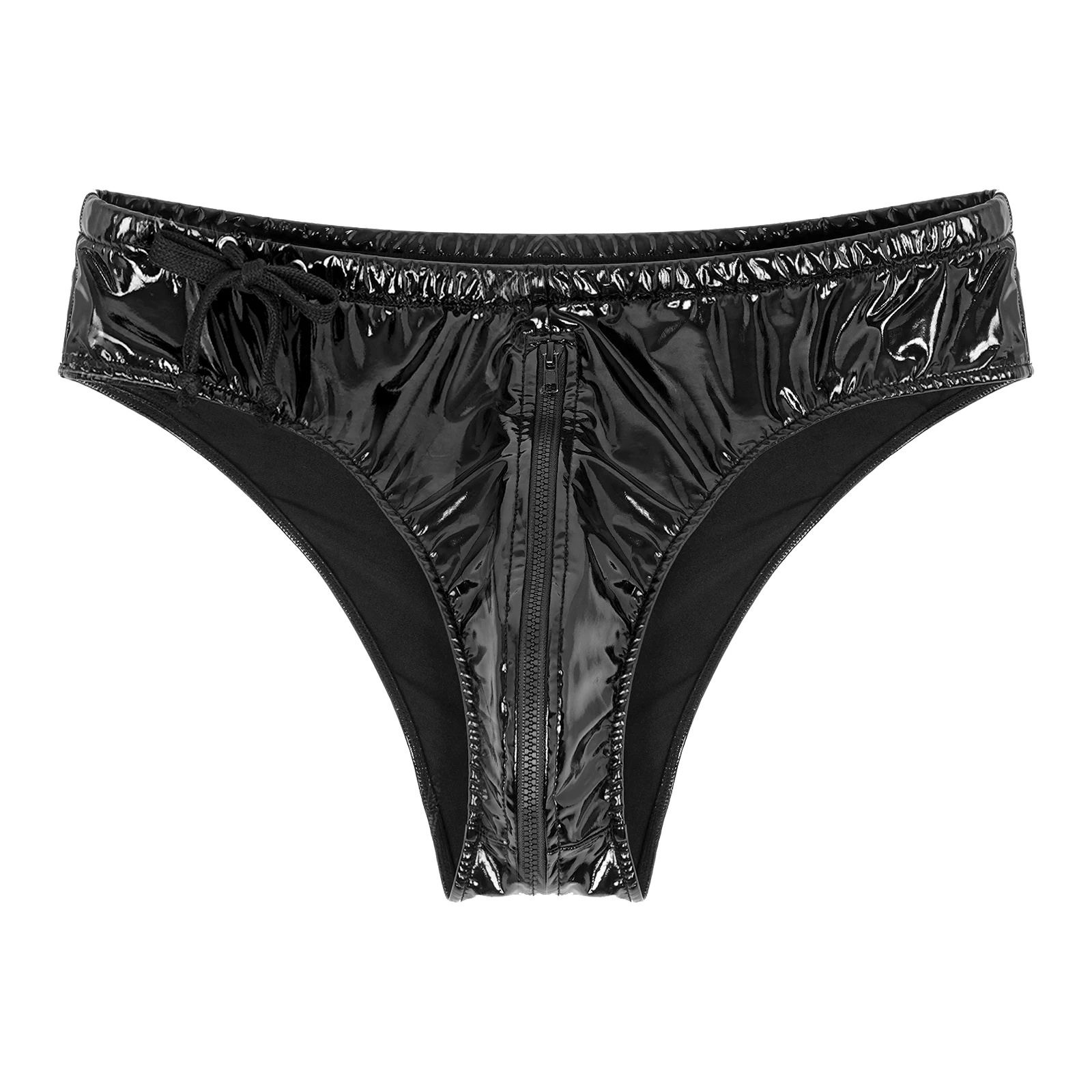 Mens Glossy Drawstring Low Waist Zipper Briefs Panties Wet Look Patent Leather Underpants Underwear Club Stage Show Costume
