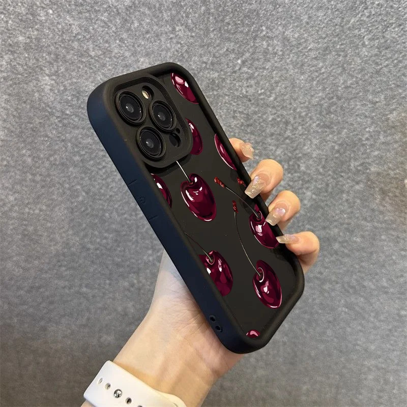 Elegant Wine Red Cherry Print Silicone Phone Case - Soft, Stylish Back Cover