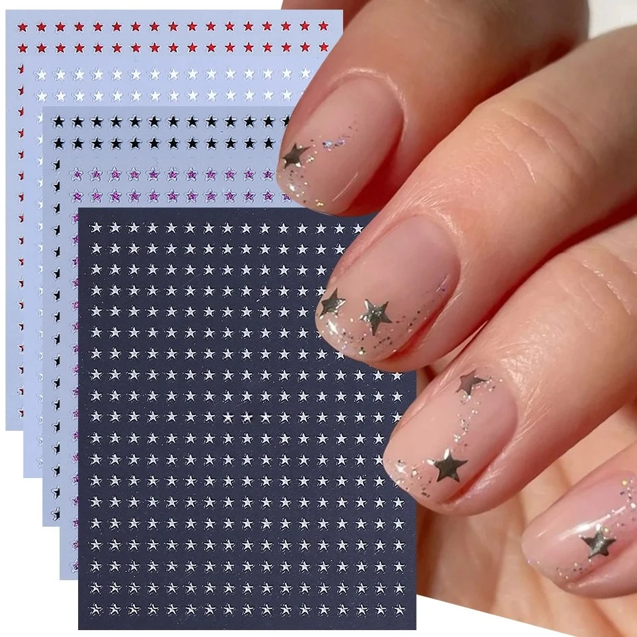 5pcs Black White Little Star Nail Stickers Silver Purple Shiny Glitters ...
