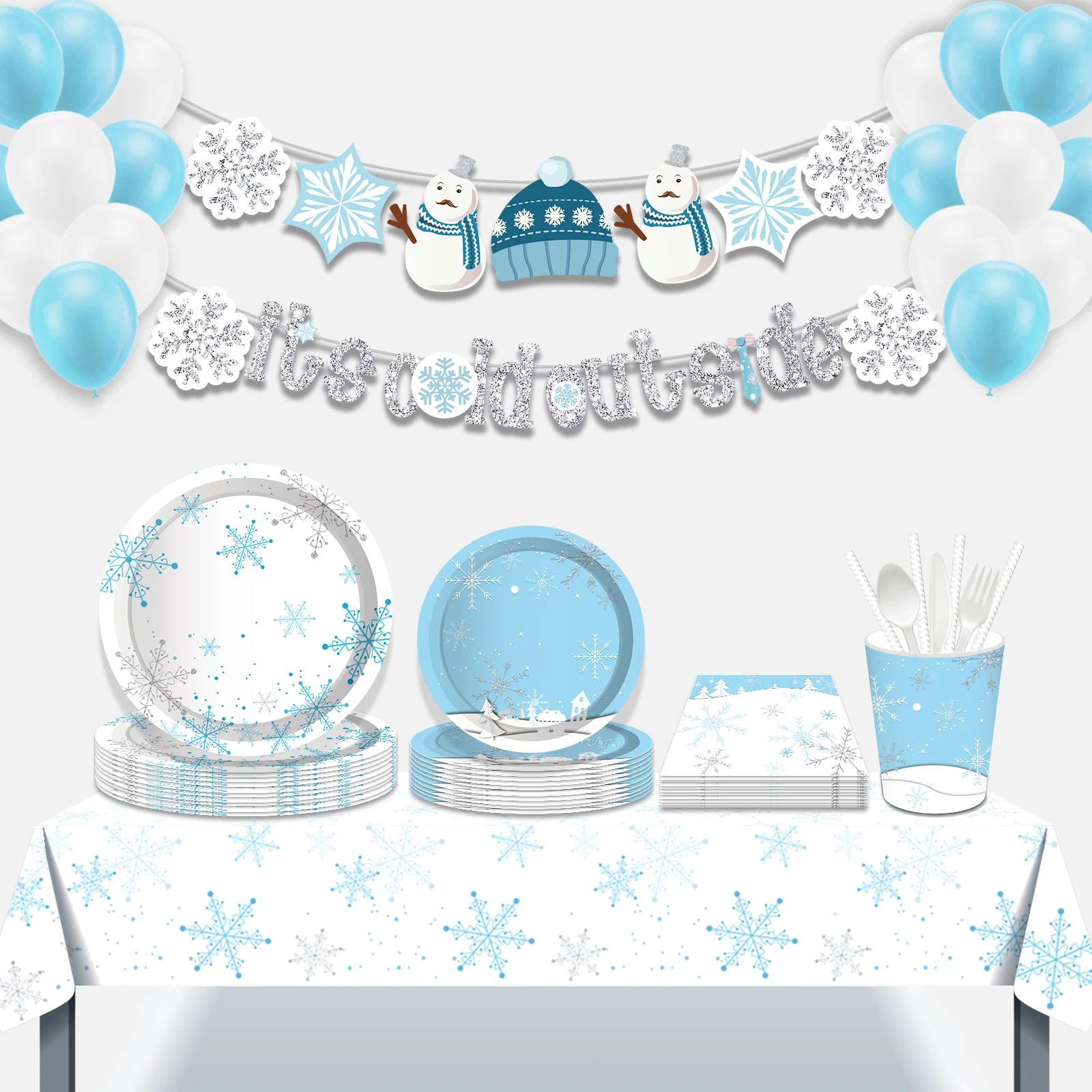 

Christmas Snowman Snowflake Disposable Cutlery Set Paper Plate Cup Paper Towel 8 Person Party Decoration Supplies