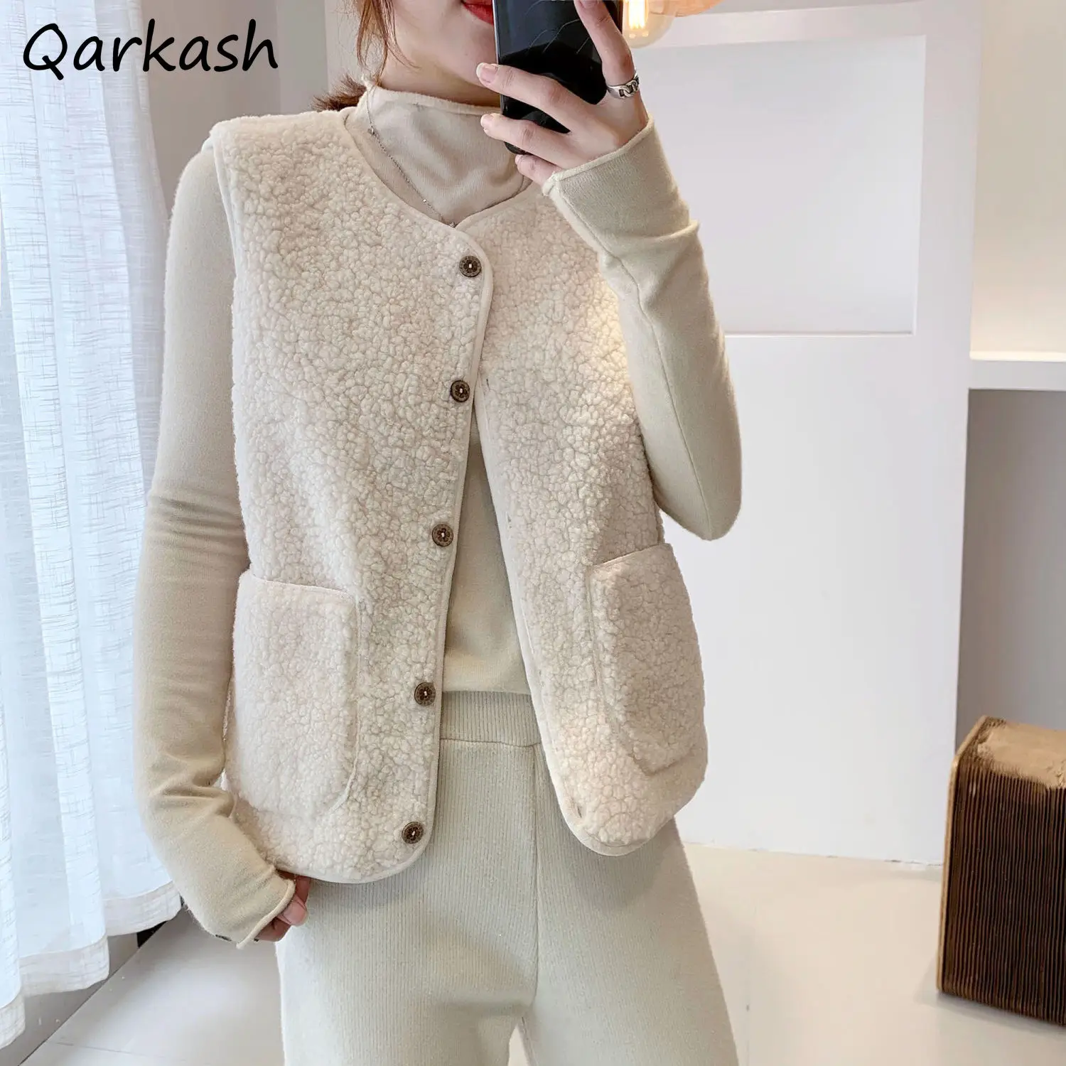 

Lambswool Vests Women Solid Loose Pockets O-neck Sleeveless Coats Spring Autumn Simple All-match Outerwear Commuting Daily Chic