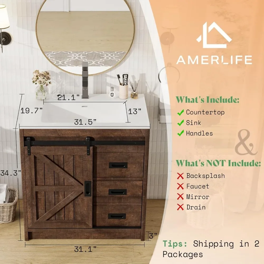 Farmhouse Bathroom Vanity with Sink Combo,Sliding Barn Door Bathroom Vanity Cabinet Set with Storage Drawers, Metal Handles 6