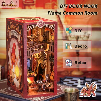 CUTEBEE Book Nook Doll House 3D Puzzle With Touch Light Dust Cover Magic Gift Ideas Bookshelf Insert Toy Gifts Flame Common Room 1