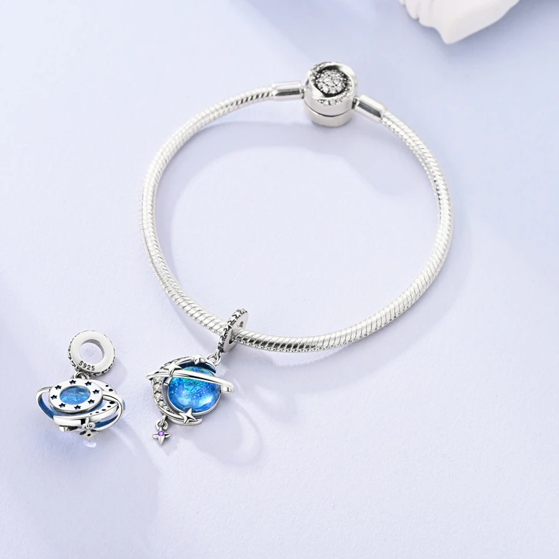 925 Sterling Silver Galaxy Star & Moon Murano Charm Fit Original Bracelet Lucky Clover Charm DIY Necklace Jewelry silver charm jewelry