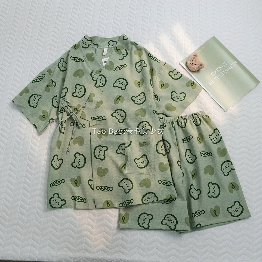 

Harajuku Home Clothes Women Pajama Set 2 Piece Japan Style Kimono Pijama Mujer Cute Bear Print Kawaii Sleepwear Summer Nightgown