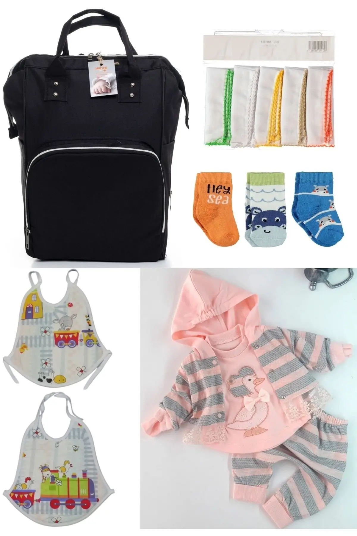 

6 Piece Birth Set (Baby Care Backpack, hospital Exit, 10-Hand Wipes, 3-Socks And 2-Piece Set) Black