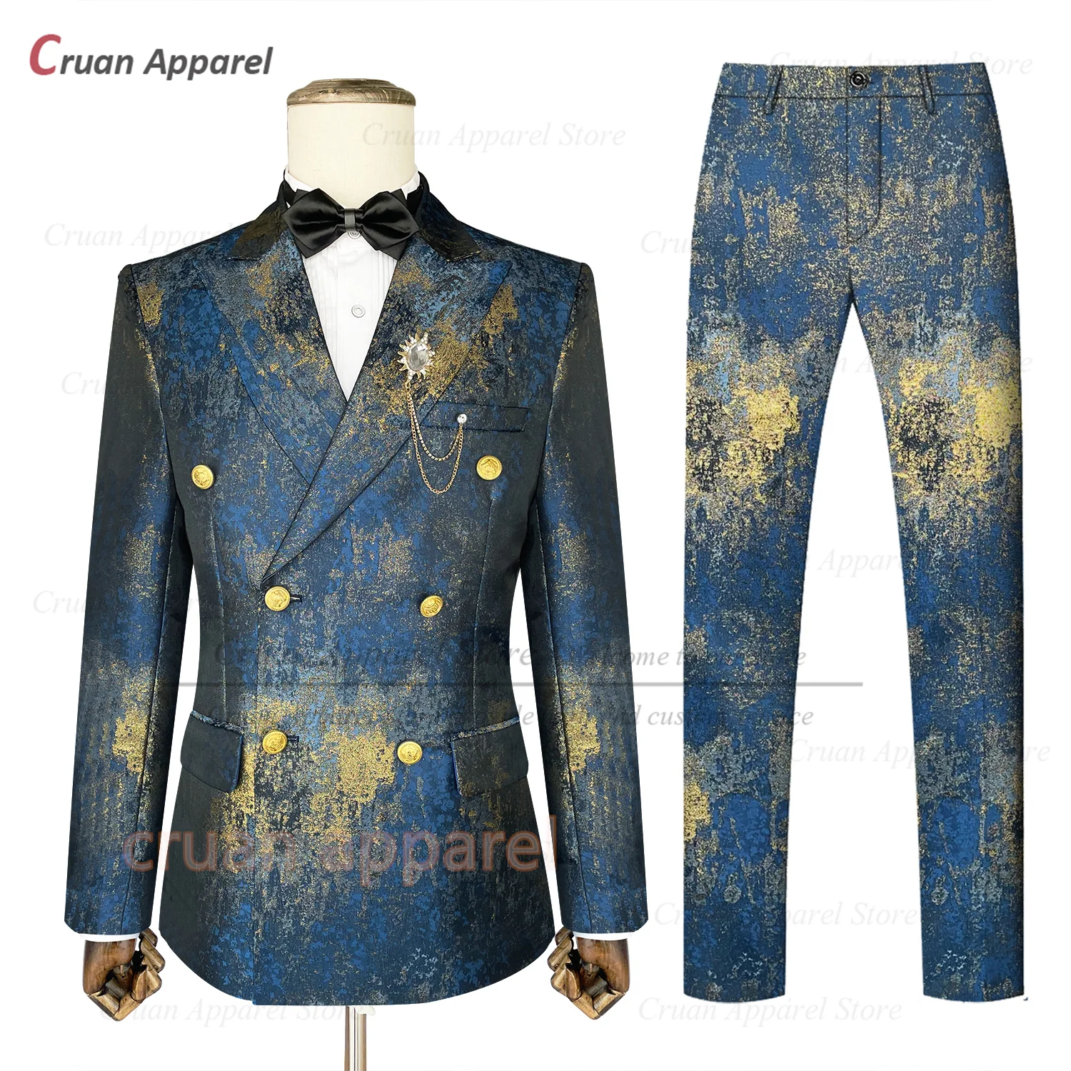 Luxury Men Suit Sets Wedding Groomsman Tailor-made Slim Fit Jacquard Outfits Fashion Party Double Breasted Blazer Pants 2 Pieces