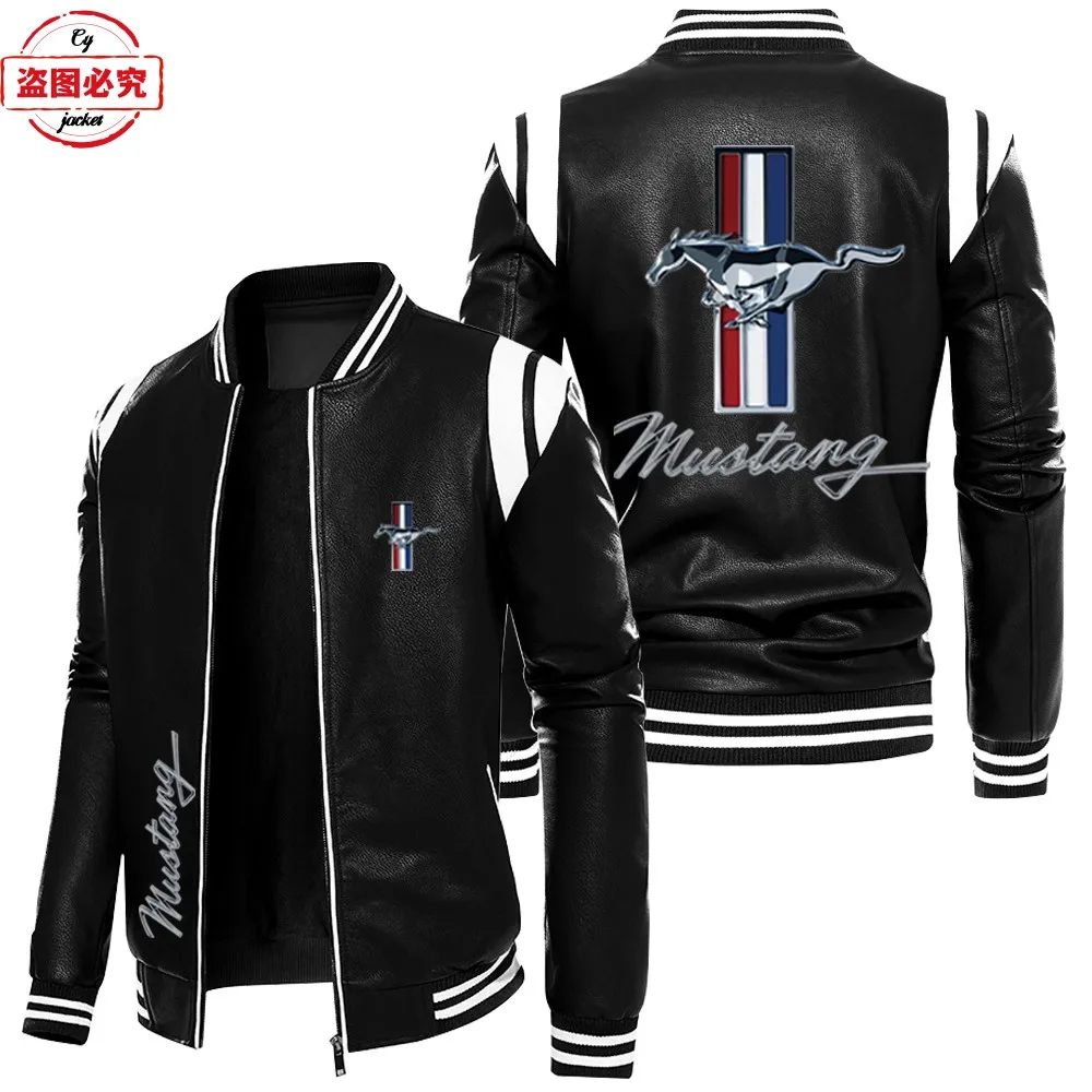 Contrast color leather jacket Ford Mustang car logo retro washed pu leather jacket windproof men's autumn and winter warm velvet 3