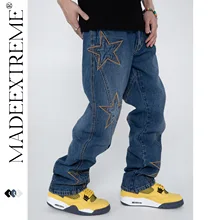 

MADEEXTREME Retro washed distressed denim jeans embroidery stars baggy jeans cargo pants men designer jeans for men