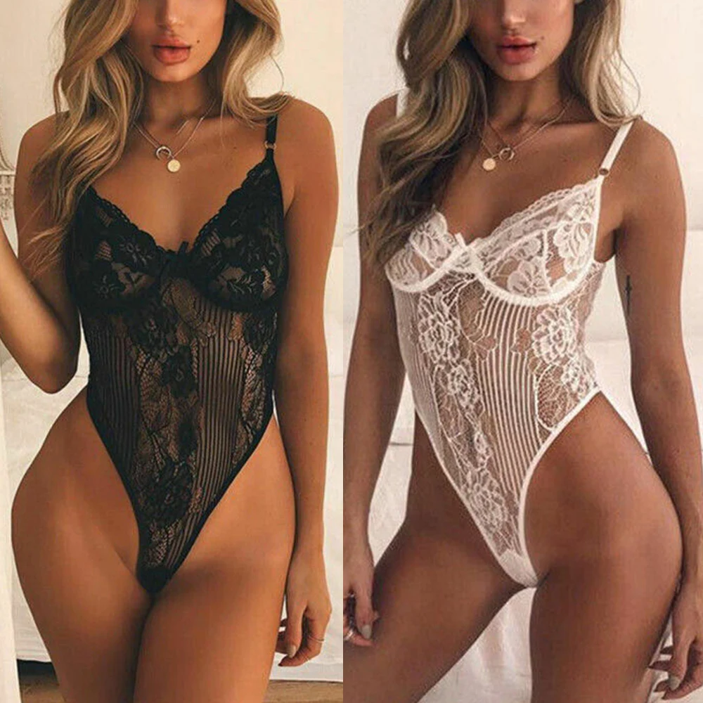 

Sexy Women Lace Babydoll Bodysuit Sleepwear Erotic Lingerie Nightwear Underwear Hollow See Through Black Backless Wireless