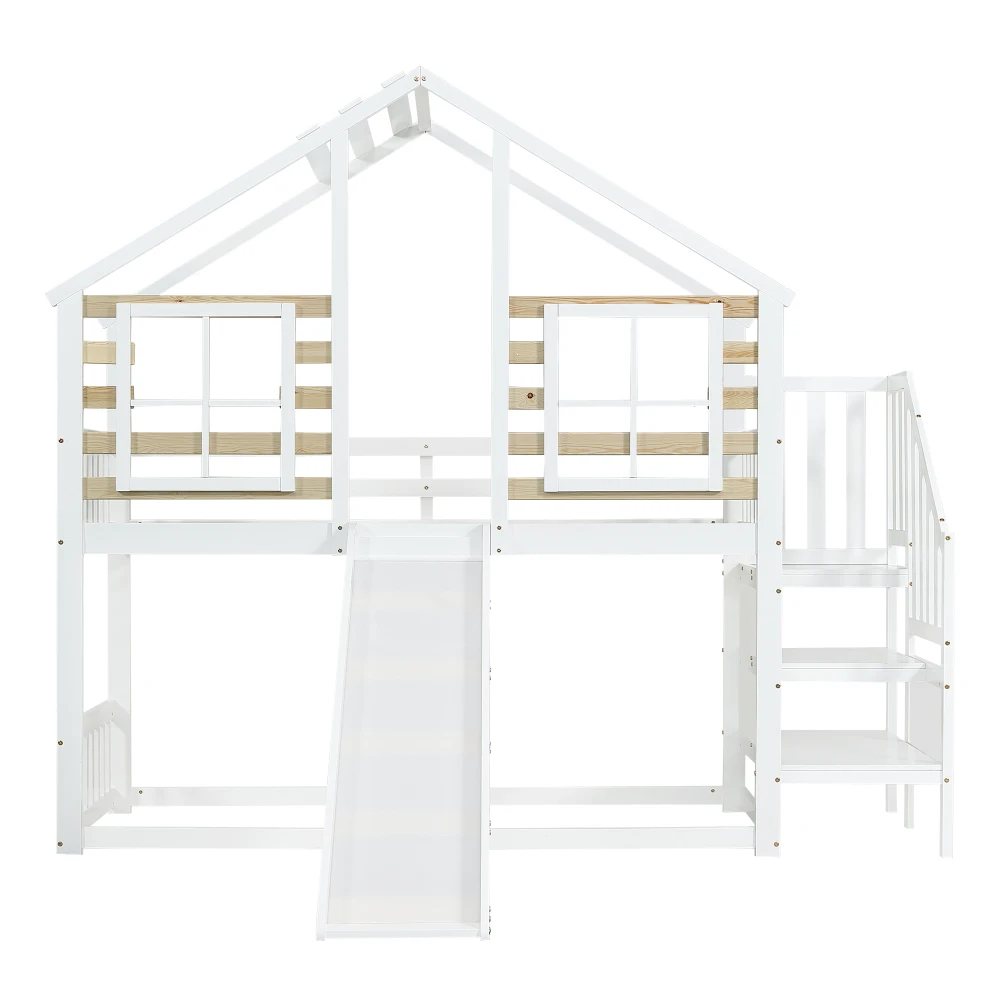 PINGGO Weißes Holz-Etagenbett 90x200cm mit Treppe, Rutsche, Fenster, Blockhaus-Design, Absturzsicherung, Massivholzrahmen, ohne Matratze – Detail 12