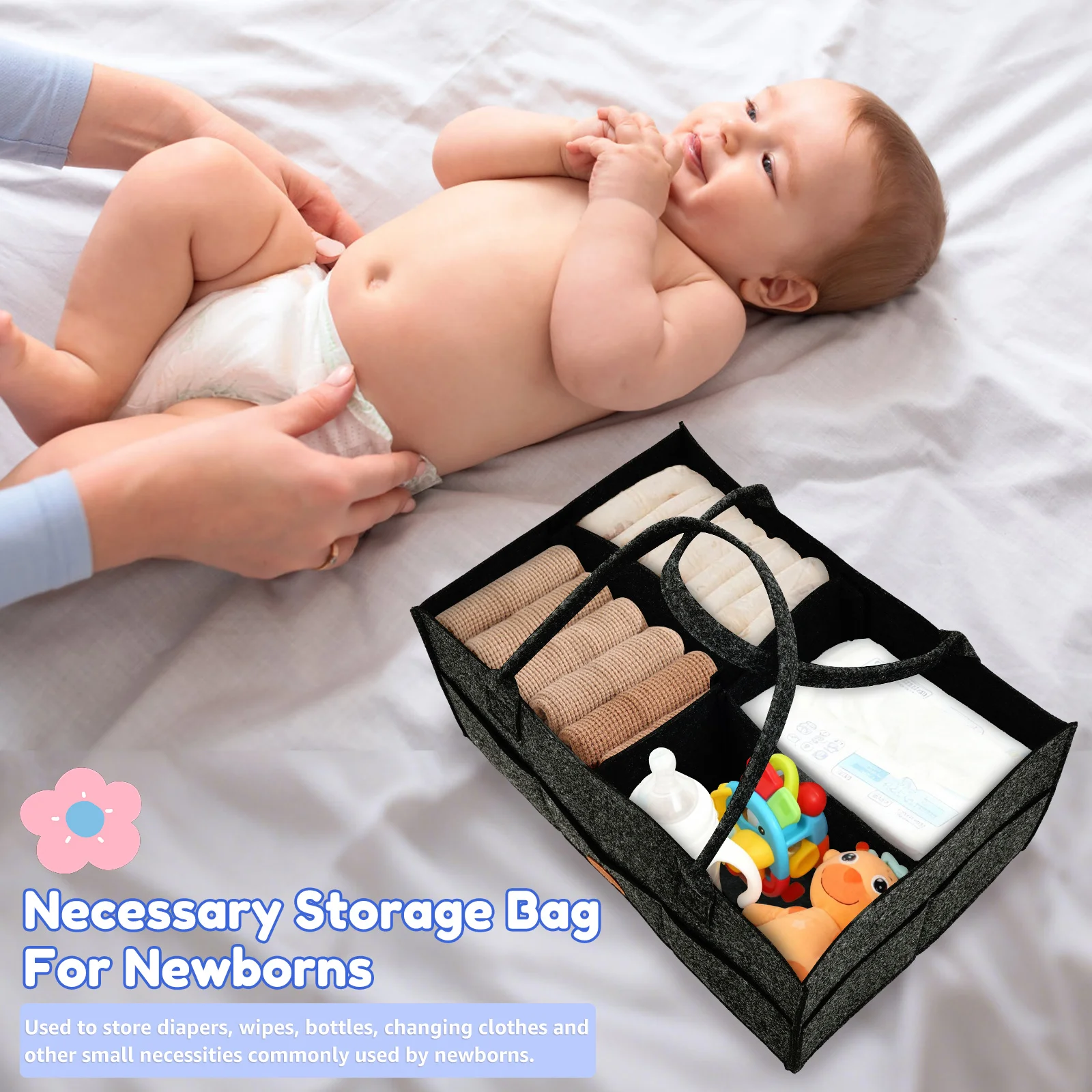 2Pcs Diaper Caddy Organizer Baby Felt Storage Basket with Dividers and Handle Large Capacity Portable Infant Diaper Bag for Baby