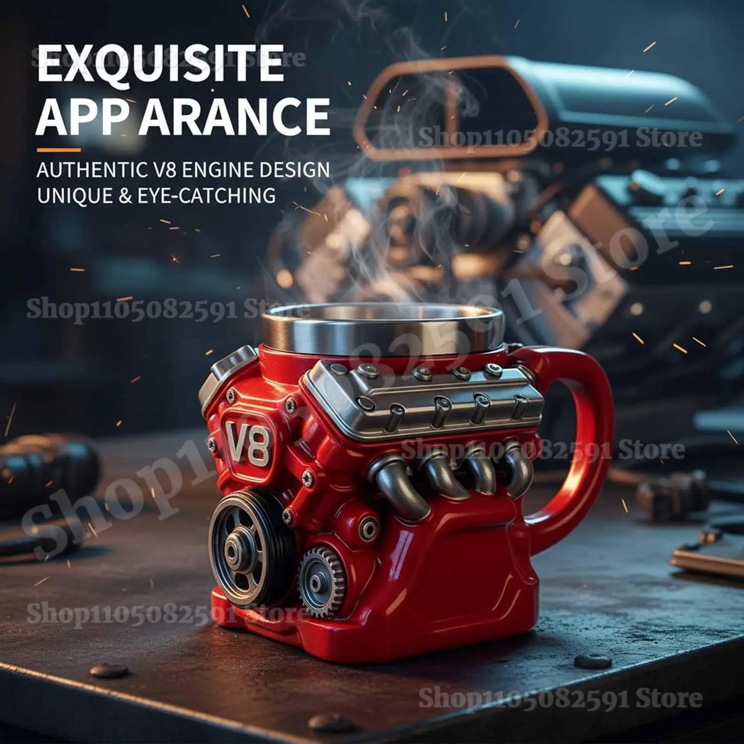 Retro V8 Engine Coffee Mug – Stainless Steel Double-Wall Insulated Car Mug with Handle 4