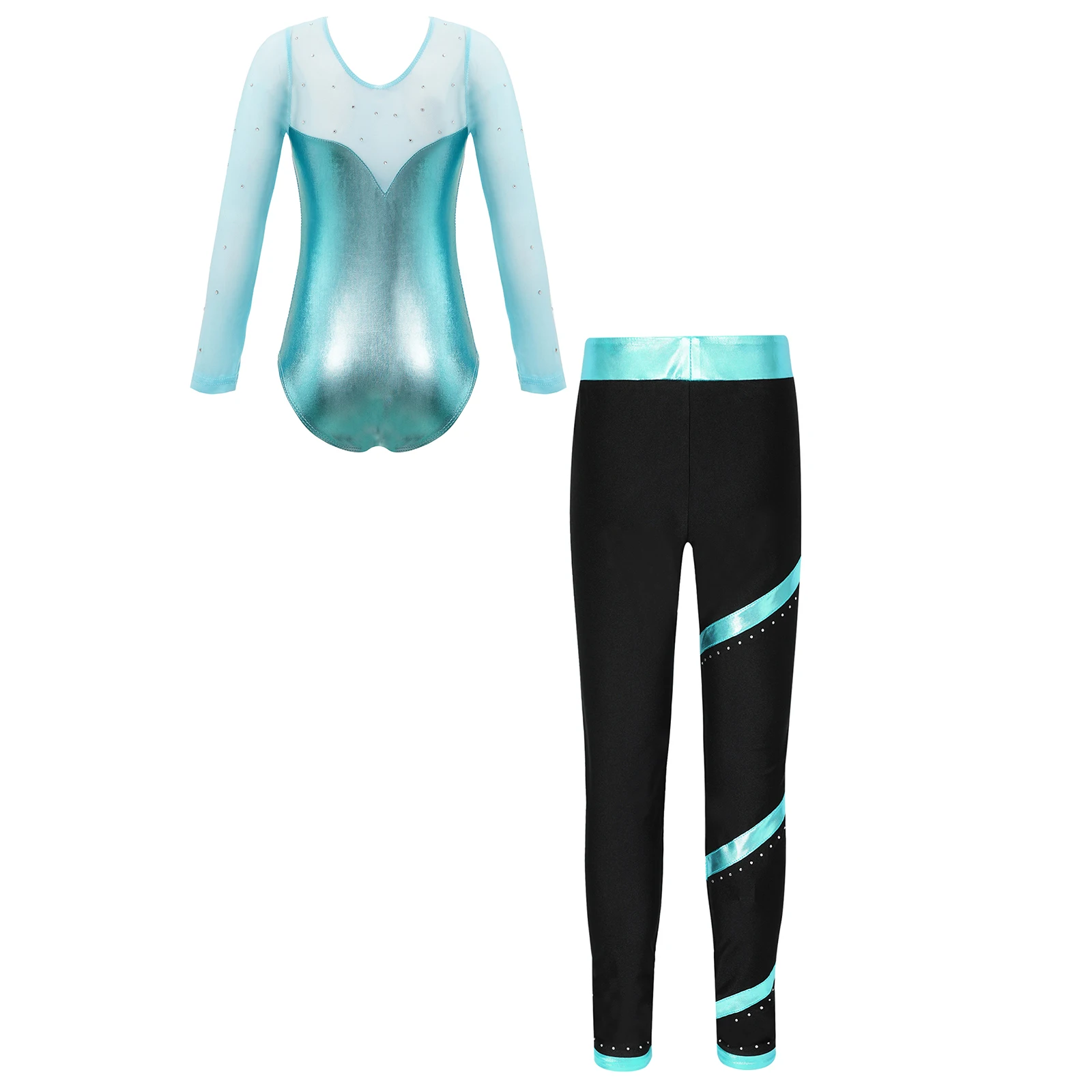 TiaoBug Kids Girls 6 to 12 Years Sparkly Rhinestone Leotard Jumpsuit with Pants for Dance Gymnastics Figure Skating Performance