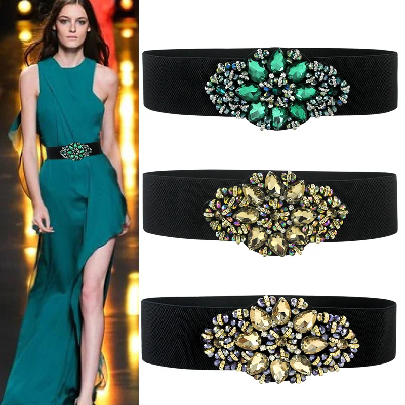 Luxury Shiny Diamond Wide Ladies Colorful Crystal Dress Decoration Waist Belt For Woman Rhinestone Elastic Waistband Genuine fashion wings belts ladies elastic new 70 90cm rhinestone decoration gold silver all match high quality accessories waistbands