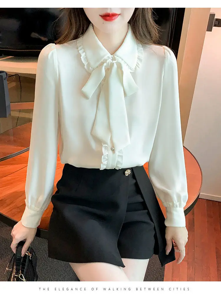 Bow Tie White Chiffon Shirt 2022 Spring Summer Korean Fashion Blouse Lace Elegant Long Sleeve Shirt for Female Casual Clothing