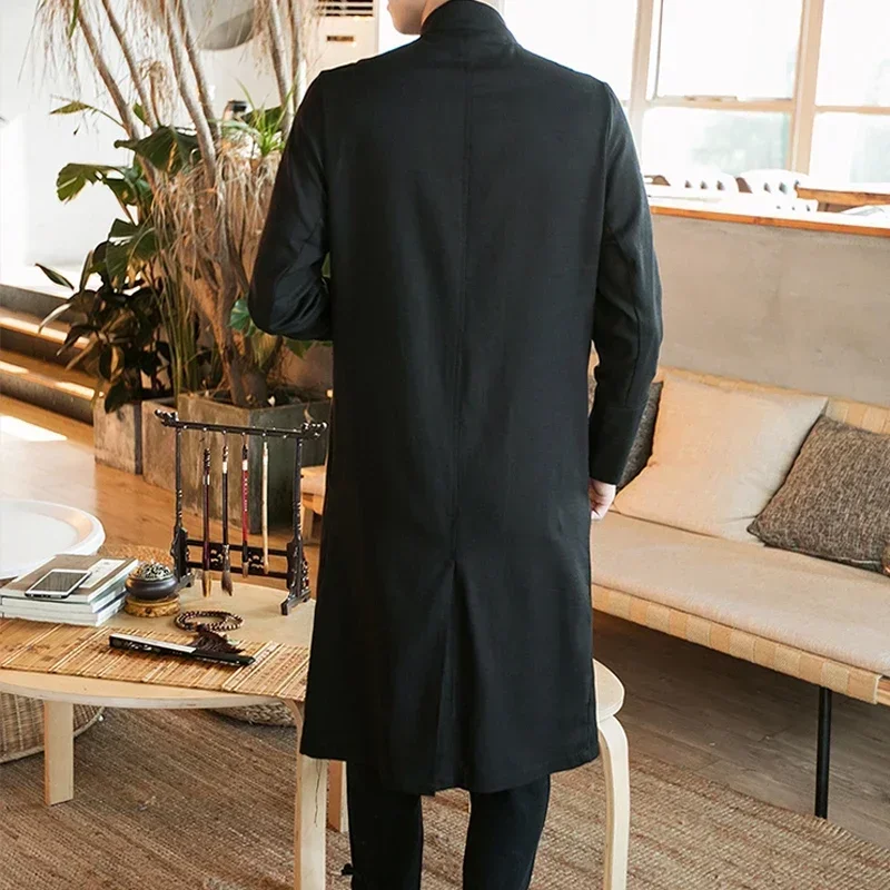 New Men's Linen Embroidery Crane Coat Kimono Vintage Long Gown Jacket Chinese Style Loose Male National Streetwear
