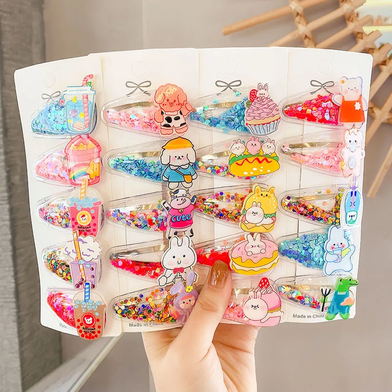 5pcs/set Girls Cute Cartoon Acrylic Quicksand Hairpins Children Lovely Hair Decorate Barrette Hair Clip Fashion Hair Accessories