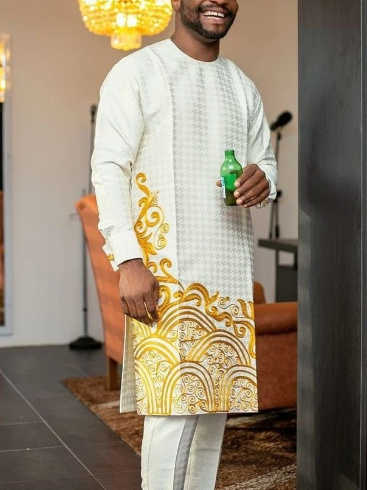 

Men's chic casual white geometric print two-piece suit