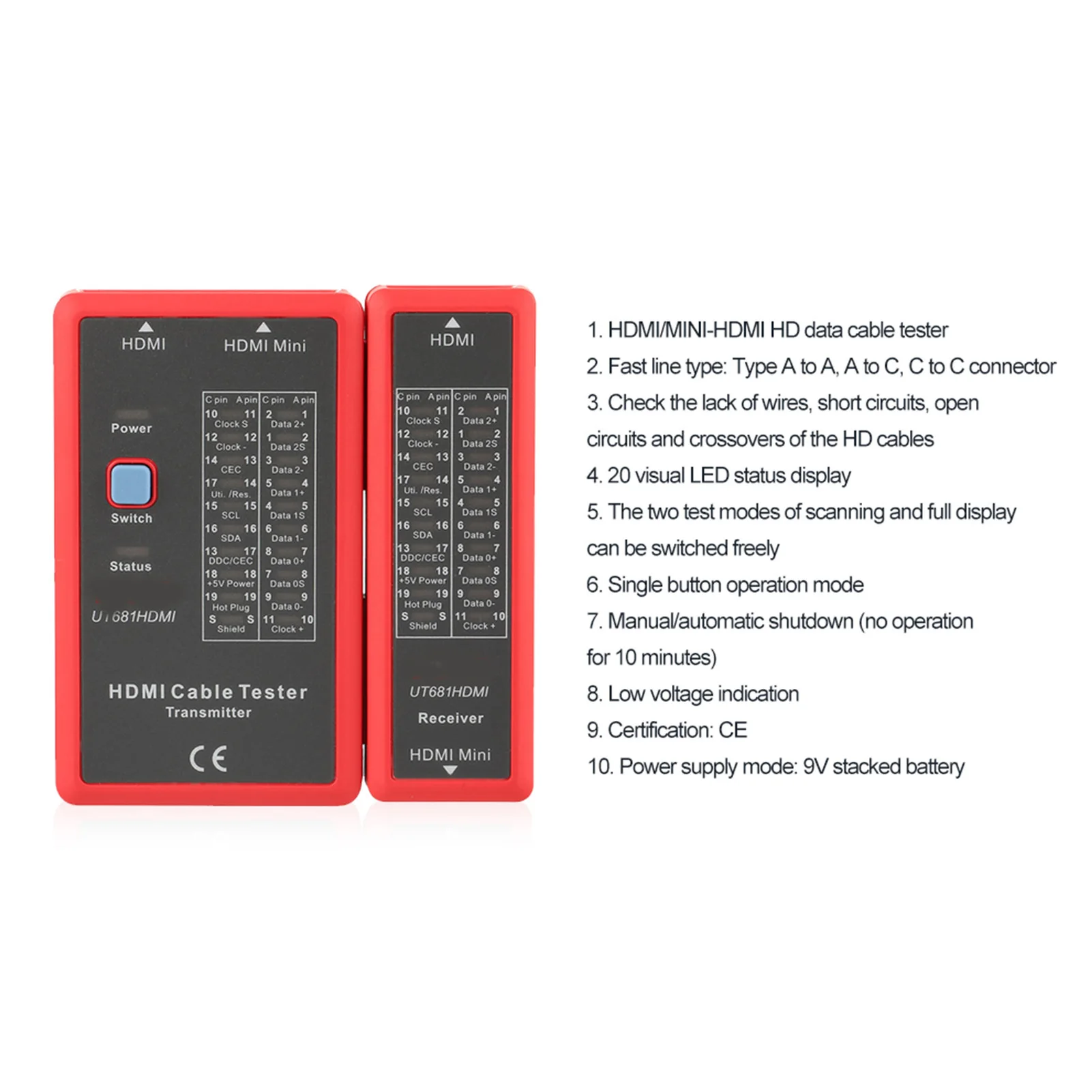 Cable Tester HDMI MINI-HDMI UT681 Data 20LED Status Indictor