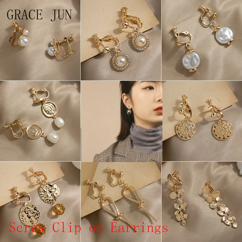 trendy male earrings GRACE JUN Korean Design Simulated Pearl Screw Clip on Earrings Non Pierced Baroque Rhinestone Ear Clip Women's Jewelry Wholesale trendy traditional earrings