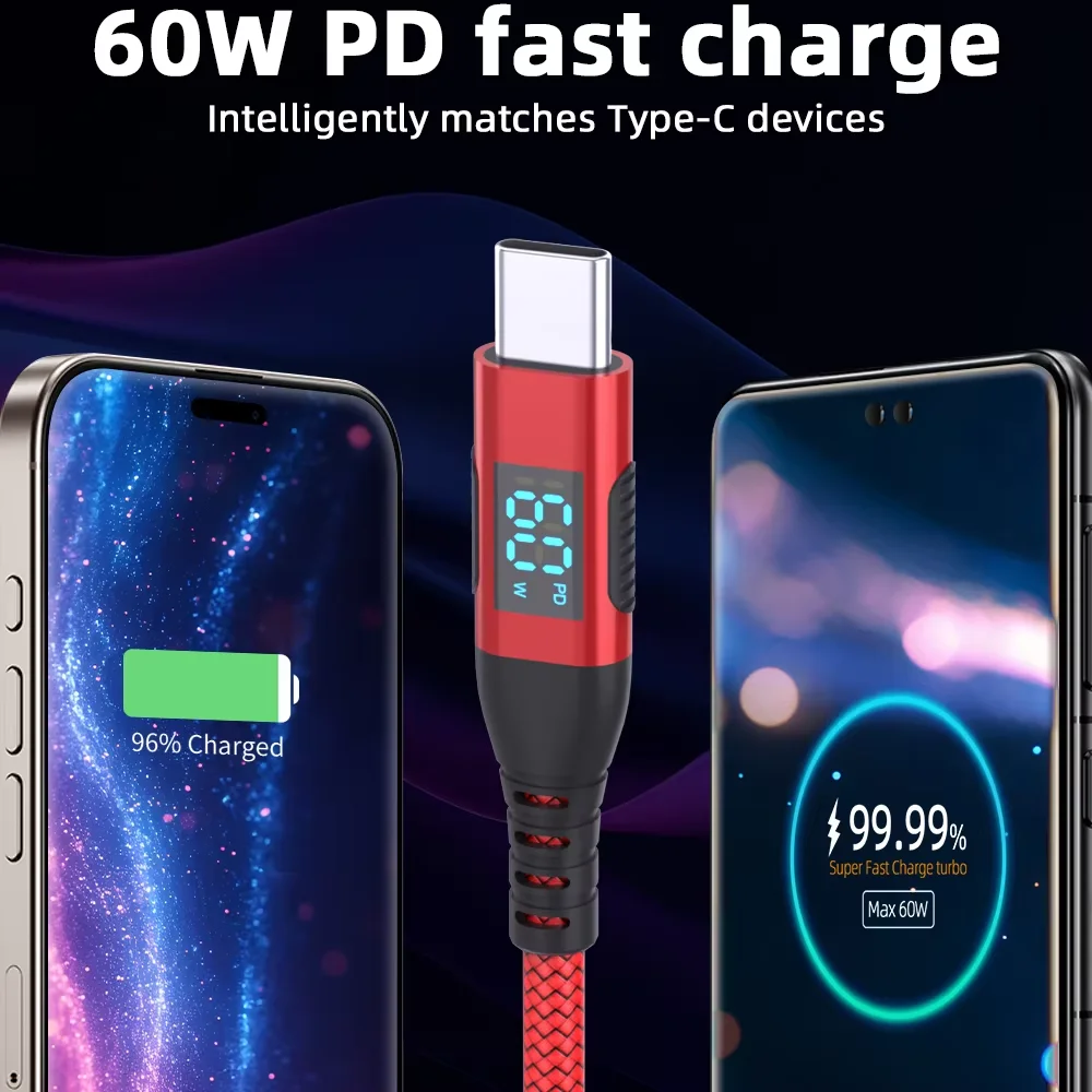 나일론 편조 1M 2M 3M USB A to C 타입 고속 충전 케이블 최대 3A, LED 디스플레이 탑재, 아이폰 15 16 아이패드 맥북용 고속 충전 지원