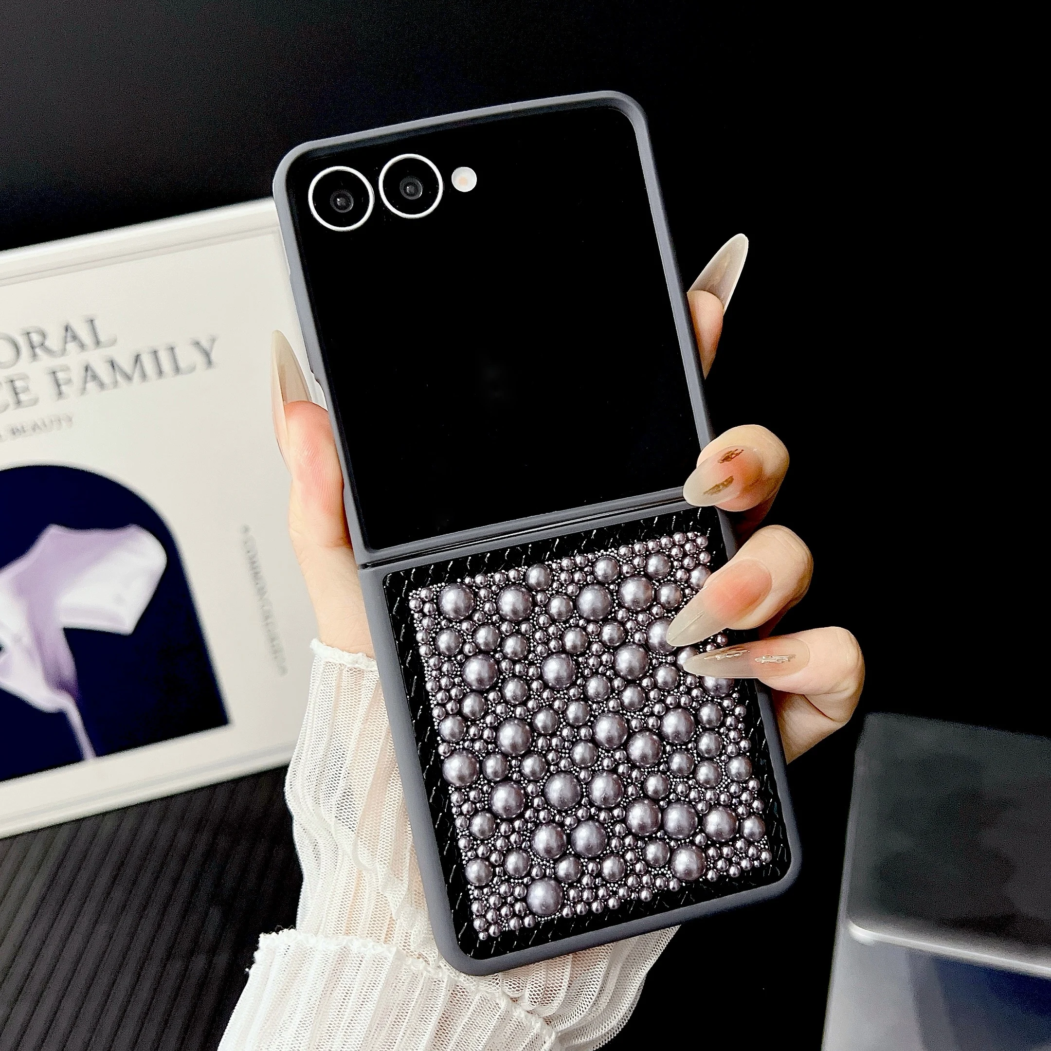 Glitter Pearl Luxury Folding Phone Case with Full Body Shockproof Protection and Bling Accents