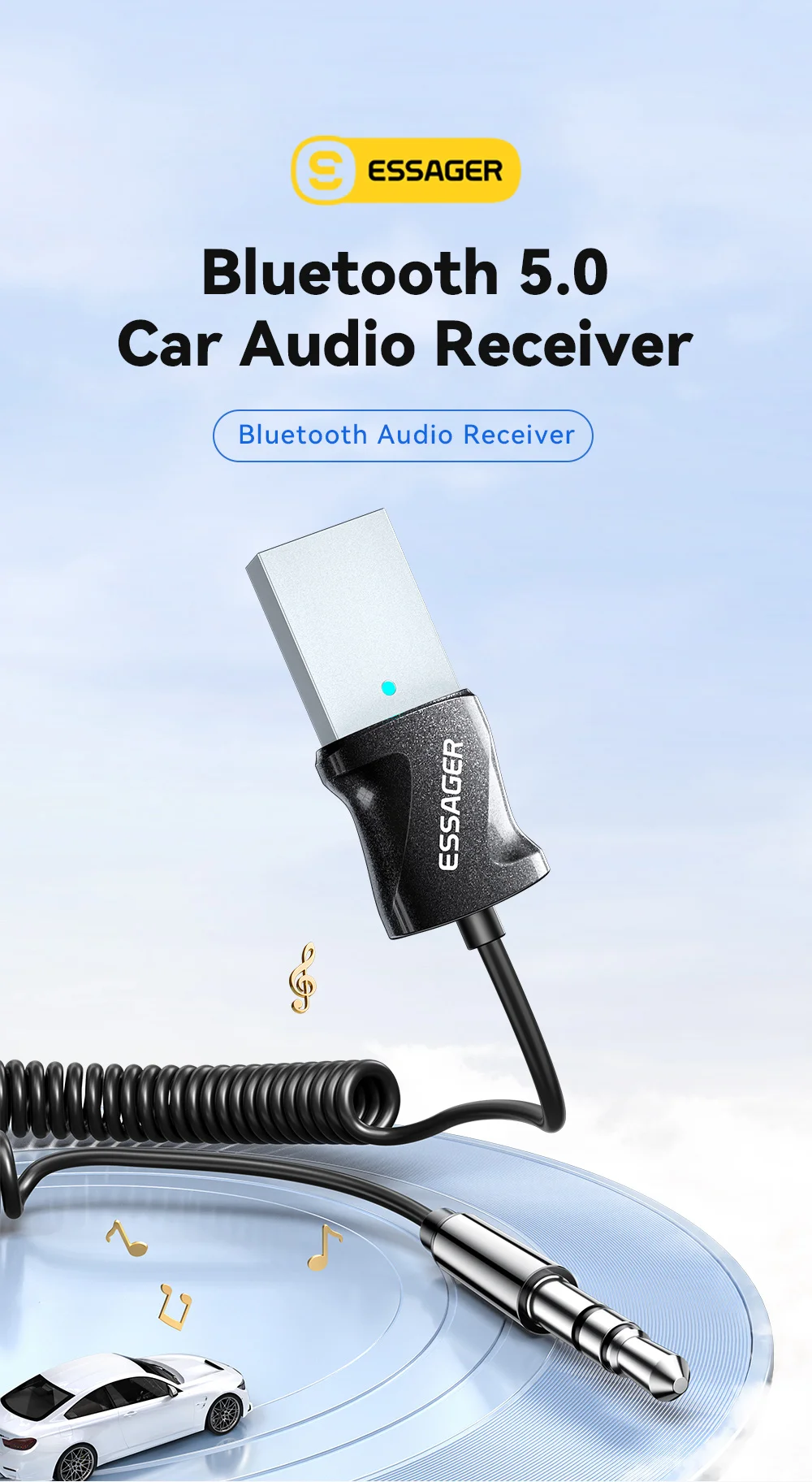 Essager Bluetooth 5.0 Aux Adapter Wireless Car Bluetooth Receiver USB to 3.5mm J