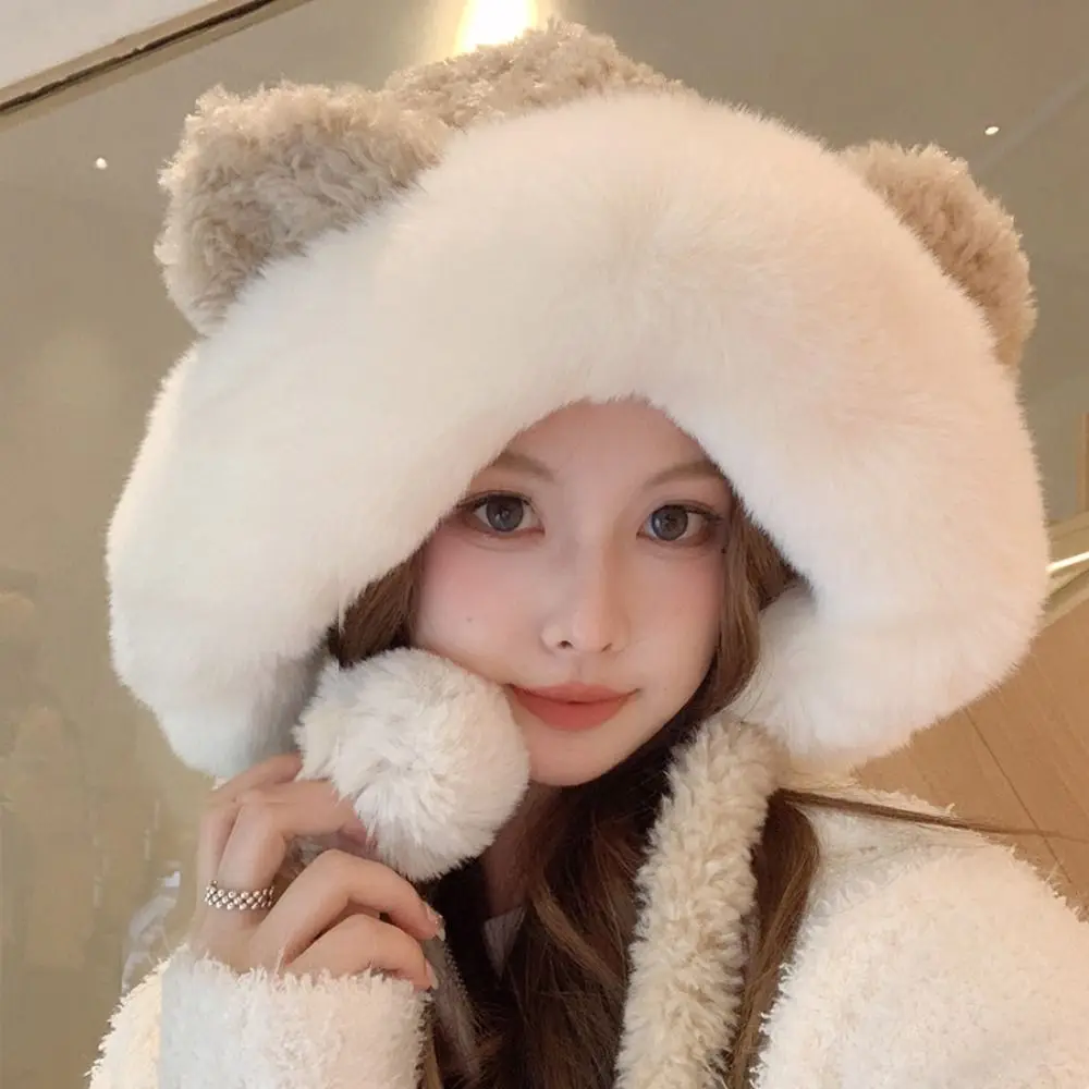 

Warm Plush Bear Ears Hat Velvet Fluffy Winter Ear Protection Hat Soft Cute Bucket Hat Women