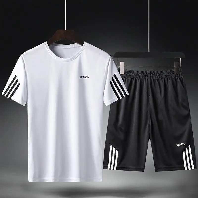  Summer Breathable Sports Suit Men's Short-Sleeved Shorts Loose Quick Drying T-Shirt Short Quarter Pants Casual Running Suit 