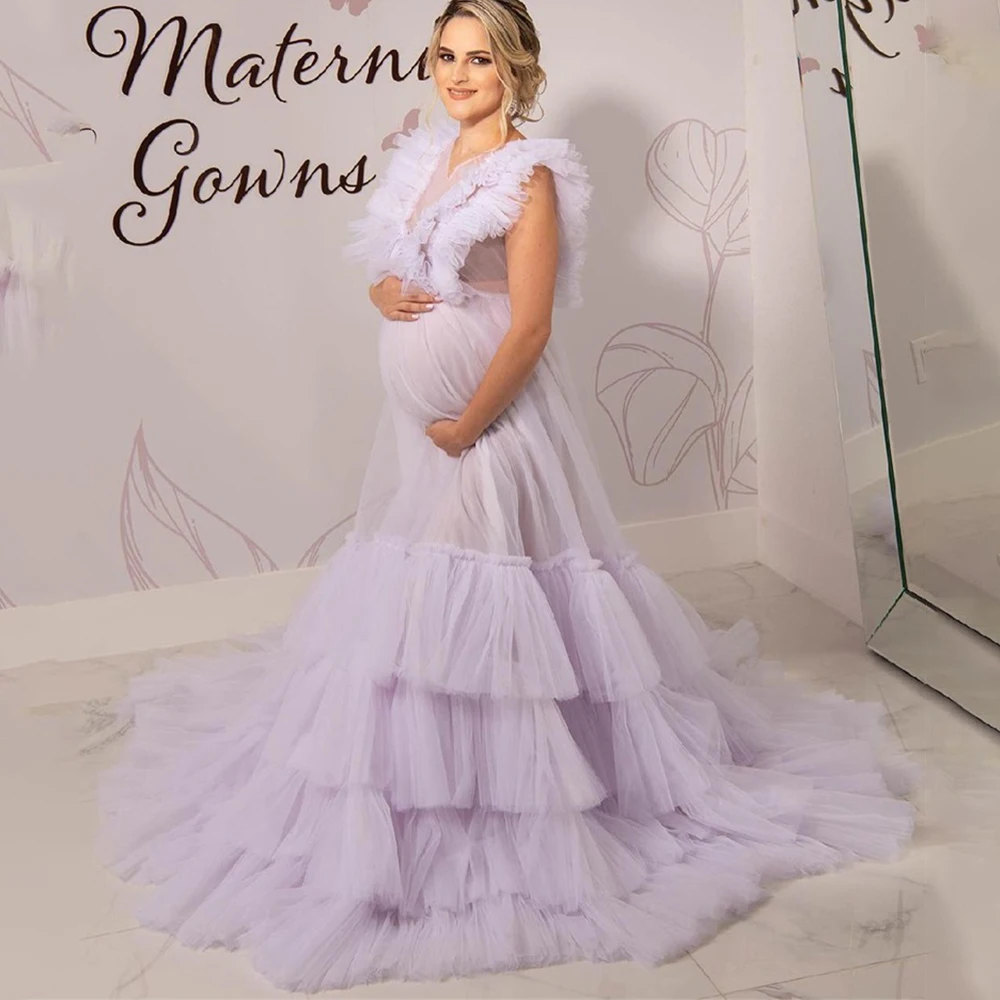 

Light Purple Maternity Gowns Tiered Tulle A Line Photographic Evening Dresses For Photo Shoot Custom Made Bathrobe Nightwear