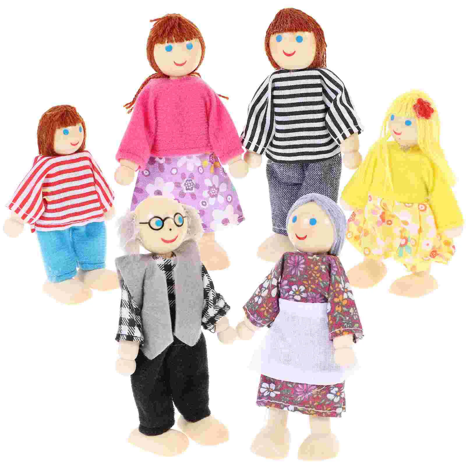 

Happy Family Dolls Playset: Wooden Figures Set of 6 People for Kids Children Pretend Gift 6pcs